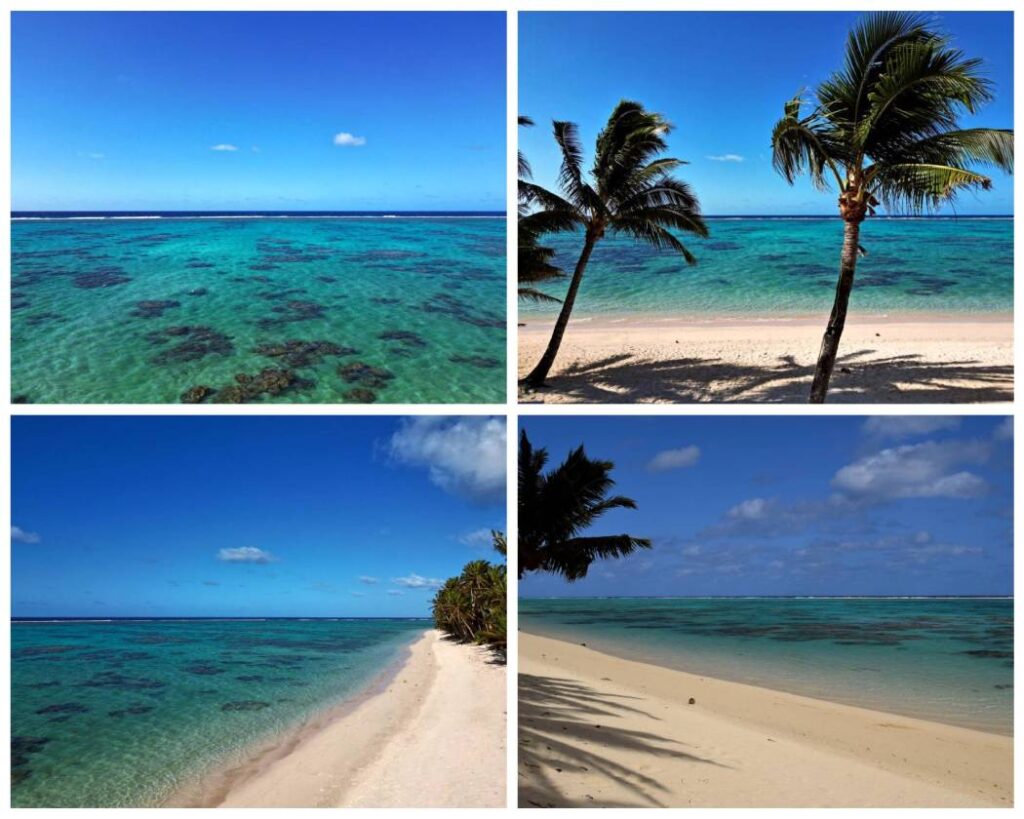 Collage fotografico con spiaggia di sabbia bianca, palme tropicali, barriera corallina e vasto oceano turchese a Rarotonga, Isole Cook nel cuore del Pacifico