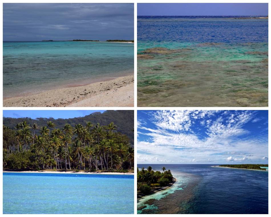 Collage fotografico con immagini dell’oceano di Tikehau, Rangiroa, Bora Bora e veduta aerea con drone del Tetamanu Pass a Fakarava, Isole della Società, nel Pacifico