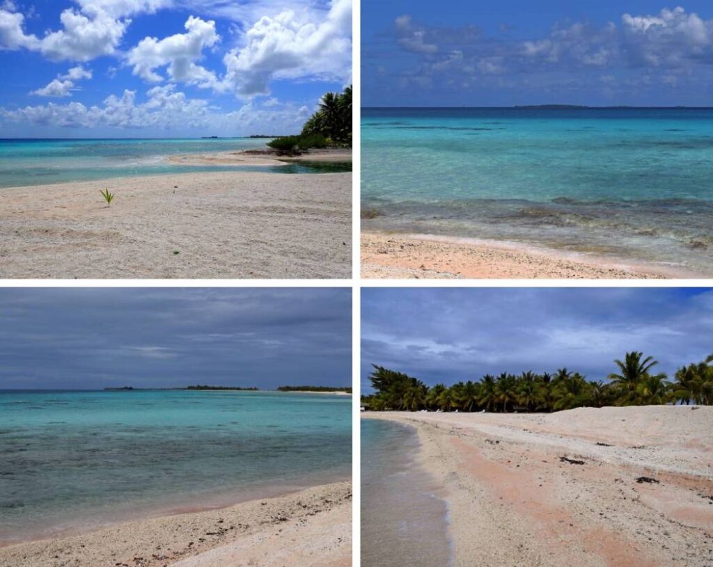 Collage della parte interna del motu a Tikehau con spiagge di sabbia bianca e rosa che si affacciano sulla laguna