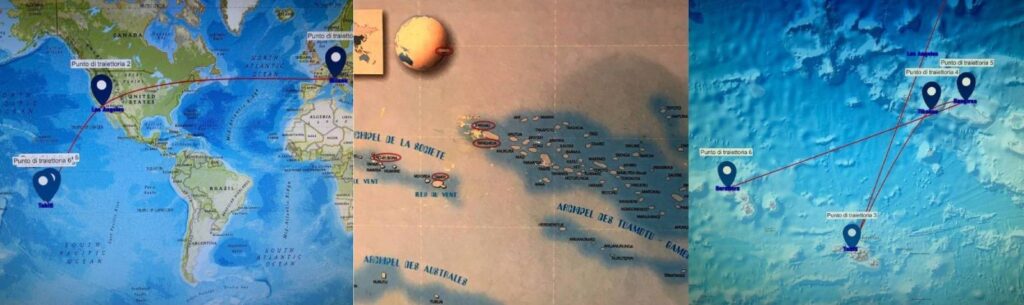 Percorso di viaggio dall’Europa alla Polinesia Francese, con tappe tra le isole visitate durante l’itinerario