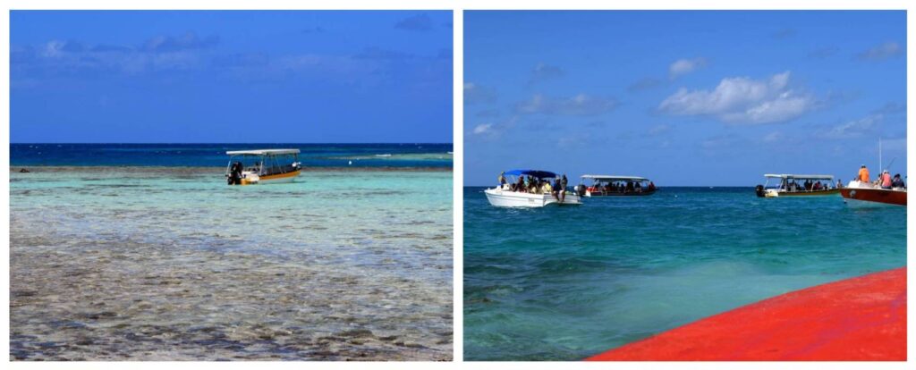 Collage dalla Laguna Blu di Rangiroa con barche attraccate sulla riva e turisti, cielo azzurro e acqua cristallina