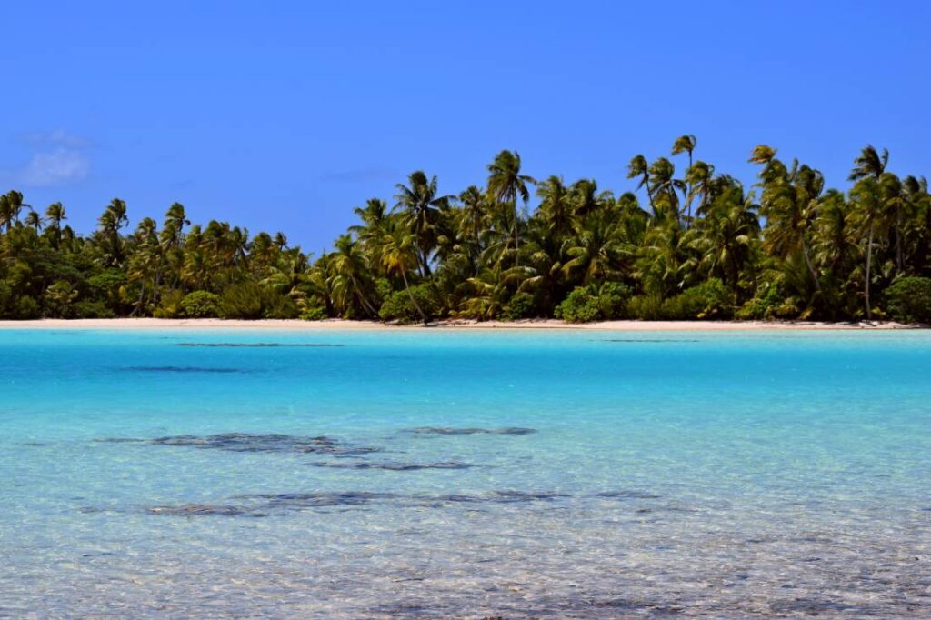 Vista sulla Laguna Blu di Rangiroa con mare dalle sfumature turchesi e palme sul motu di fronte