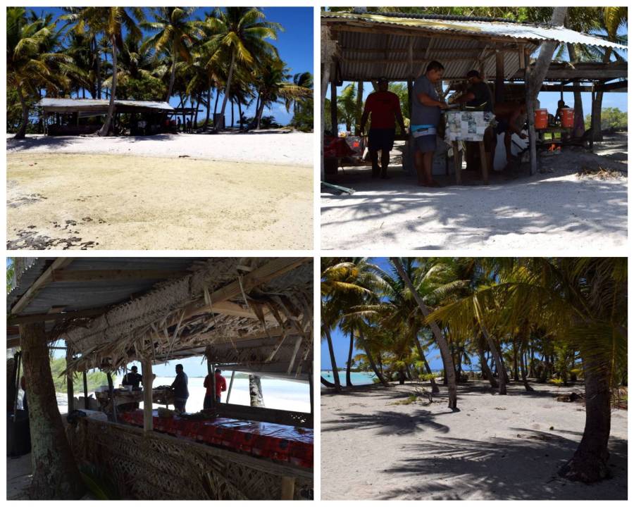 Collage dalla Laguna Blu di Rangiroa con tavolata coperta sul motu e preparazione del pranzo tradizionale cotto nella sabbia