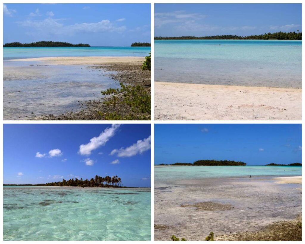 Collage di scorci della Laguna Blu di Rangiroa con sabbia bianca, acqua cristallina turchese, palme e cielo azzurro da diverse angolazioni