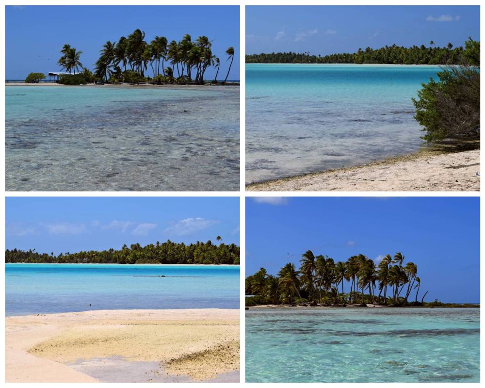 Collage di scorci della Laguna Blu di Rangiroa con sabbia bianca, palme, acqua dalle mille sfumature e cielo azzurro