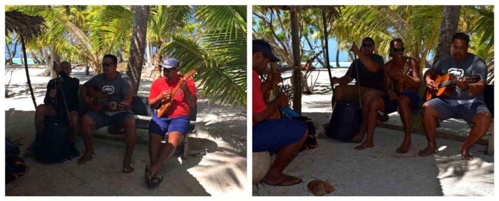 Collage del momento musicale a Rangiroa con strumenti tradizionali e Rosario che suona un’arpa modificata durante l’escursione alla Laguna Blu