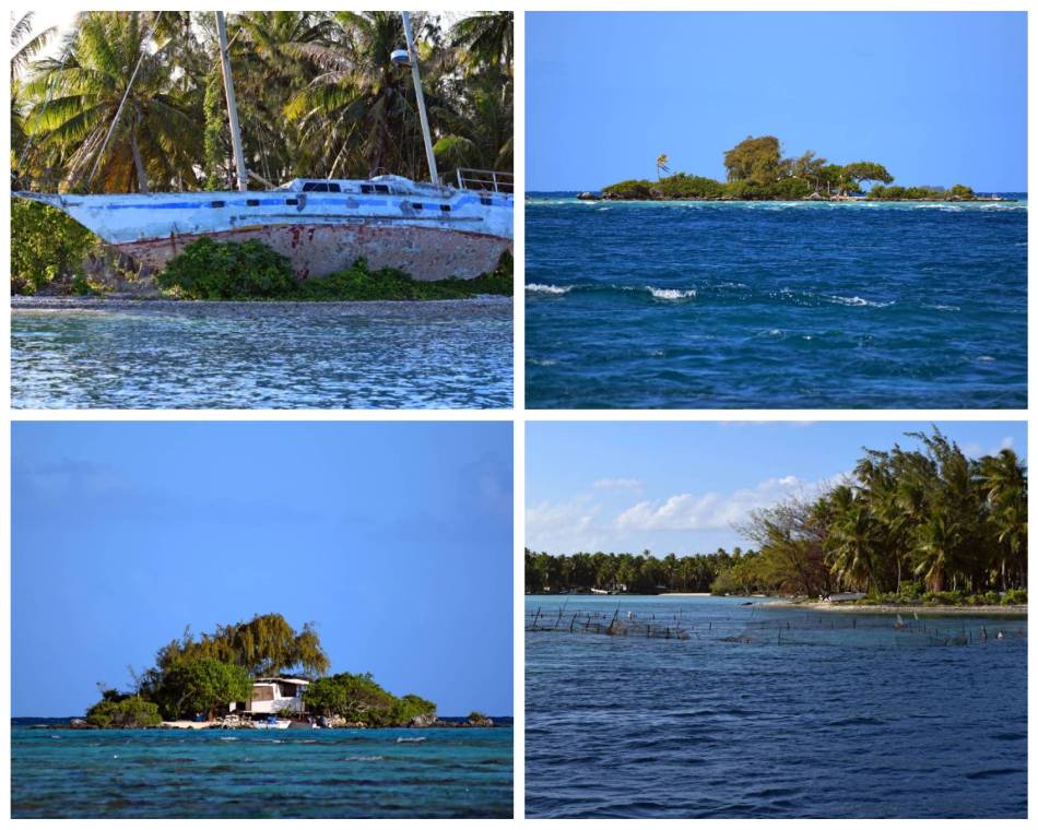 Collage del viaggio verso la Laguna Blu di Rangiroa con barca in navigazione e diversi motu, tra cui uno con una casa fatiscente sulla riva