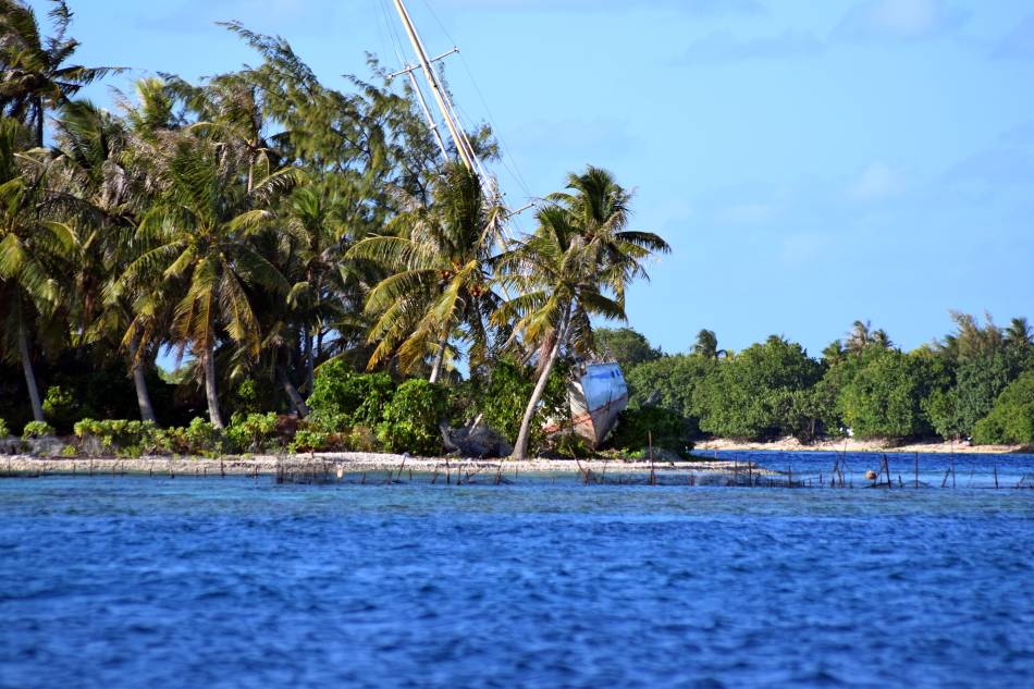Motu a Rangiroa durante il viaggio verso la Laguna Blu con palme e veliero arenato sulla spiaggia sabbiosa