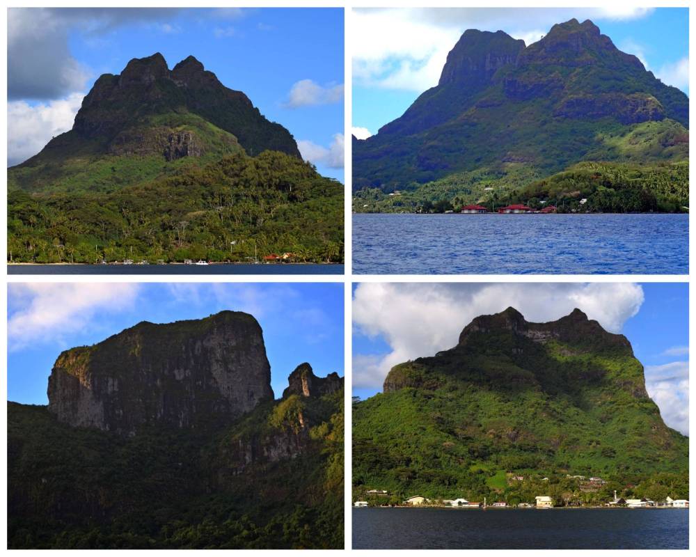 Collage del Monte Otemanu a Bora Bora fotografato da quattro diverse angolazioni