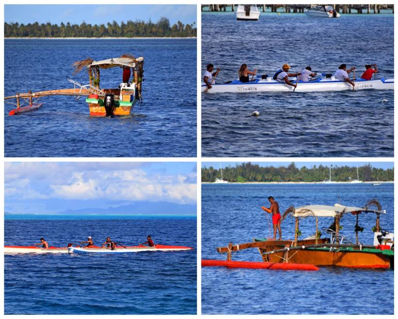 Collage di canoe tradizionali polinesiane va'a o waka-ama viste durante il giro di Bora Bora