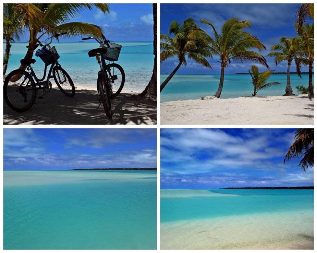 Collage di immagini della laguna di Aitutaki nelle Isole Cook, con palme, acque turchesi e biciclette in primo piano