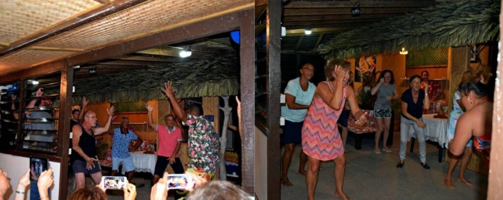 Collage di balli tradizionali polinesiani alla pensione di Tikehau, con danze maschili e femminili e la partecipazione degli ospiti