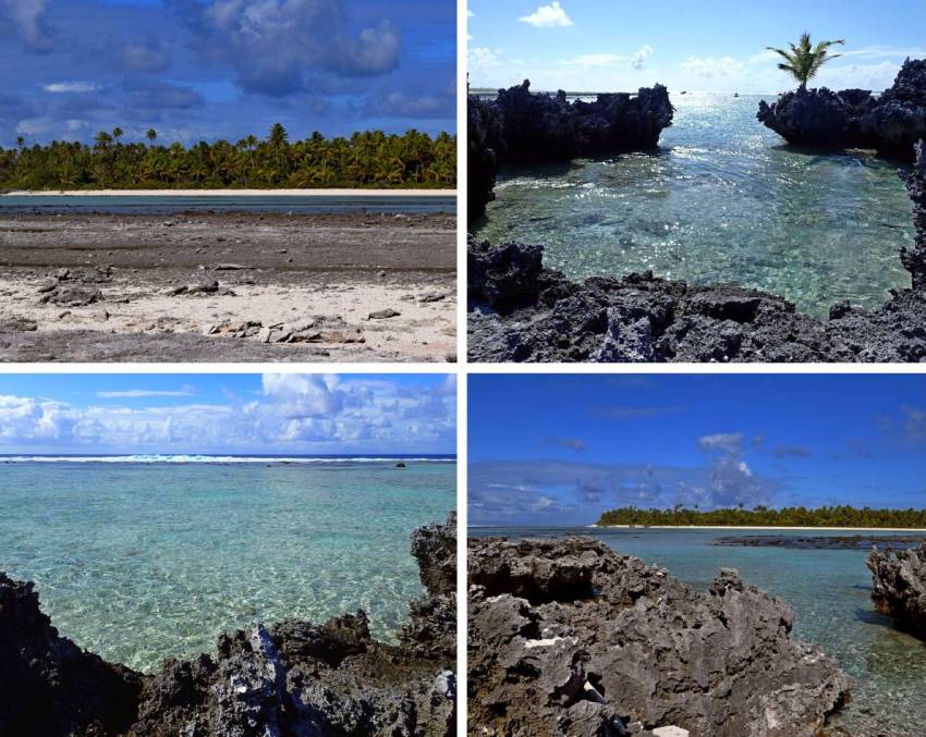 Collage della costa oceanica del motu a Tikehau con rocce vulcaniche nere e piccole lagune balneabili
